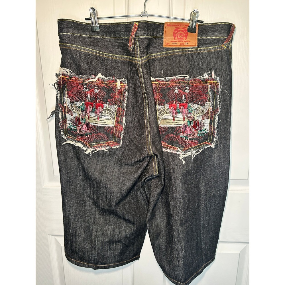RMC Red Monkey Co Lot 1002 Raw Denim Embroidered Shorts 38 Button Fly Japanese